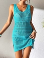 Detail of crochet hollow-out knit dress in lake blue with geometric patterns - S / Tops / Blue