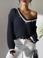 Pull en tricot bleu marine pour femme avec col en V, rayures blanches et boutons perles - S / Bleu Marine