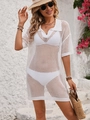 Vestido playero de ganchillo blanco con cuello polo y tejido calado para mujer - S / Tops / Blanco