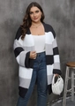 Detail of soft striped knit cardigan with color-block texture and ribbed cuffs - 0XL / Black White Grey