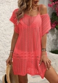 Détail d'un cache-maillot de plage au crochet corail avec tricot ajouré et coupe ample - Taille unique / Rouge pastèque