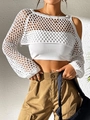 Detail of white hollow crochet knit shrug featuring long sleeves and round neck texture - One Size / White