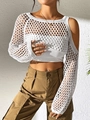 Damen weißes Häkel-Langarm-Crop-Top mit Lochmuster, kombiniert mit einer khakifarbenen Hose - Einheitsgröße / Oberteile / Weiß