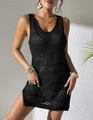 Detailed macro view of black crochet hollow-out pattern and knit texture on beach dress - S / Tops / Black