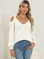 Maglione bianco in maglia con scollo a V, spalle scoperte e ricamo a treccia classico - S / Bianco Sporco
