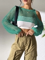 Women's green crochet hollow out long sleeve crop top shrug with cut-out shoulder design - One Size / Lake Green