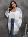 Detail showing the fuzzy striped texture and functional pocket of this knit cardigan - 0XL / Grey White Apricot