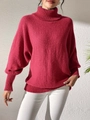Detail of rose red turtleneck knit sweater with loose batwing sleeves and ribbed cuffs - S / Tops / Red
