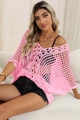 Detail of pink crochet hollow-out beach cover-up with textured knit and loose fit - Pink