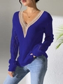 Women's V-neck dark blue knit sweater with white lace trim and hollow out details - Dark Blue