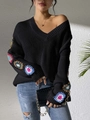 Maglione nero con scollo a V e maniche patchwork di fiori colorati realizzati all'uncinetto - S / Nero