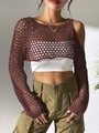 Detail shot of deep brown crochet shrug showing intricate hollow knit texture and long sleeves - One Size / Coffee
