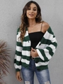 Close-up of green and white striped knit cardigan with black buttons and ribbed cuffs - S / Dark Green