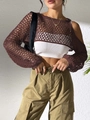 Detail of a brown hollow-out knit shrug paired with a white halter top and cargo pants - One Size / Tops / Coffee