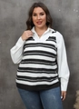 Detail showing the deep V-neck and horizontal black and white stripes on the knit vest - 1XL / Tops / Black