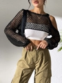 Detail of black hollow out crochet mesh crop top paired with white ribbed tube top and pants - One Size / Black