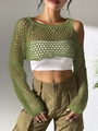Close-up of green crochet long sleeve crop top with woven mesh texture and hollow design - One Size / Army Green
