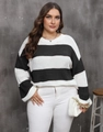 Detail of black and white striped knit sweater with premium thick fabric texture and stitching - 0XL / Black