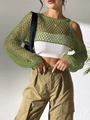 Detail of green hollow out knit mesh crop top with long sleeves and casual texture - One Size / Tops / Army Green
