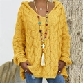 Yellow cable knit V-neck hoodie sweater with drop shoulders and a loose casual fit - S / Yellow