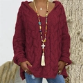 Jersey burdeos oversize con capucha de punto de ochos y cuello en V para mujer estilo vintage - Burdeos