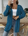 Detail of teal blue crochet knit cardigan showing intricate hollow wave pattern texture - One Size / Teal