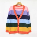 Women's V-neck chunky knit cardigan with vibrant multi-color stripes and button closure - One Size / Orange