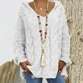 Close-up of white cable knit pattern on V-neck hooded sweater with chunky texture - S / White