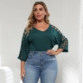 Women's plus size V-neck top in dark green with geometric hollow mesh batwing sleeves - Dark Green