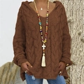 Women's chunky cable knit V-neck hoodie sweater in loose fit and dark brown color - S / Brown