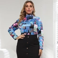 Women's abstract print long sleeve turtleneck top paired with black button-up midi skirt - 3XL / Blue