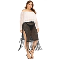 Crochet two-piece set featuring white off-shoulder top and black fringe skirt with side slit - 1XL / Top And Bottom / Black