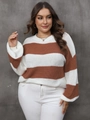 Detail of plus size striped knit sweater with round neck and drop shoulder style - 0XL / Brown