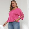 Close-up of rose pink V-neck top featuring lattice cut-out sleeves and knit texture - 1XL / Rose Red