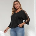 Women's plus size black V-neck top with hollow mesh batwing sleeves and casual style - 1XL / Black