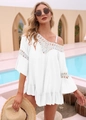 Bohemian white crochet beach cover-up with hollow lace flounce sleeves and ruffle hem - One Size / Dresses / White