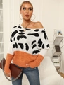 Women's leopard print knit sweater with off-shoulder neckline and orange color block - S / Orange