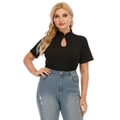 Black short sleeve top with mandarin collar and teardrop cutout in casual modern style - 0XL/L / Black