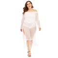 Detail of white crochet knit beach cover-up with long fringe and side slit texture - 1XL / Top And Bottom / White