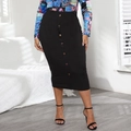 Women's black ribbed knit midi skirt with front buttons and high waist slimming fit - 0XL/L / Black