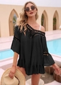 Detail of black crochet hollow-out lace and ruffled sleeves on beach cover-up dress - One Size / Dresses / Black