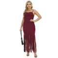 Burgundy plus size bodycon dress with spaghetti straps and long fringe hemline - 0XL/L / Wine Red
