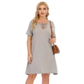 Women's plus size grey V-neck A-line dress with crisscross strap detail and short sleeves - 1XL / Gray