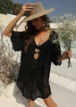 Detail of black crochet beach dress showing deep V-neck and circular hollow-out knit pattern - One Size / Black