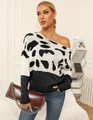 Detail of black and white abstract print knit sweater featuring a cold-shoulder neckline - S / Dark Grey