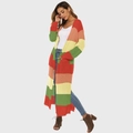 Long chunky knit cardigan with multi-color stripes, open front and side slits for women - S / Orange Green