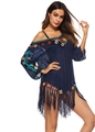 Navy crochet beach cover-up with colorful rings and long tassels on white background - One Size / Tops / Navy Blue