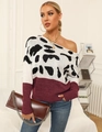 Detail of off-shoulder leopard print sweater with burgundy knit contrast and cozy fit - S / Wine Red