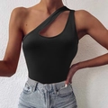 Detail of black one-shoulder cutout bodysuit in high-elastic knit fabric - Black