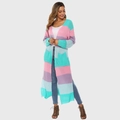 Women long knit cardigan with multi-color pastel block stripes and side pockets - S / Blue & Pink